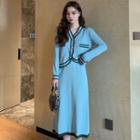 Set: Contrast Trim Cardigan + Midi A-line Knit Skirt