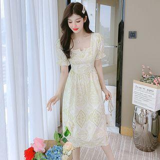 Puff-sleeve Square-neck Printed A-line Dress (various Designs)