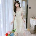 Puff-sleeve Square-neck Printed A-line Dress (various Designs)