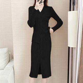 Set: V-neck Ribbed Knit Top + Slit Midi A-line Skirt