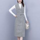 Long-sleeve Knit Top / Belted Midi A-line Overall Dress / Set