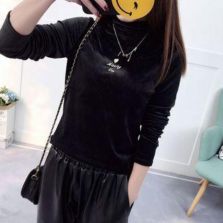 Embroidered Velvet High Neck Long-sleeve T-shirt
