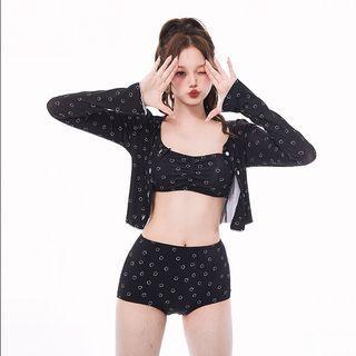 Set: Smiley Face Print Bikini Top + Bottom + Jacket