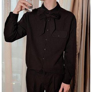 Long-sleeve Bow-accent Plain Shirt