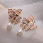 Butterfly Beaded Drop Earring 1 Pair - 1909 - Faux Pearl - Pink & Purple - One Size