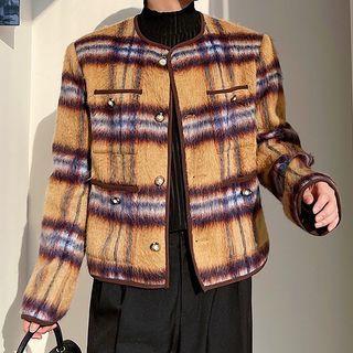 Plaid Fluffy Button Jacket
