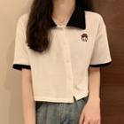 Short-sleeve Cartoon Embroidered Asymmetrical Button-up Top