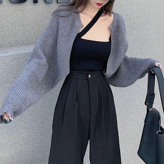 Open-front Cardigan / One-shoulder Knit Camisole Top / Wide-leg Pants