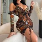 Long-sleeve Cold Shoulder Wave Print Mini Bodycon Dress