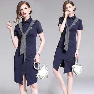 Tie Neck Short-sleeve Sheath Dress