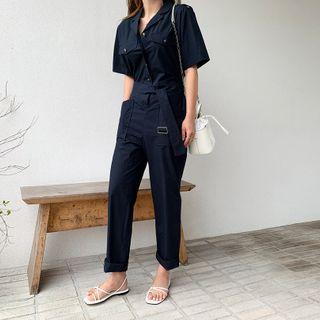 Epaulet Belted Shirtwaist Jumpsuit