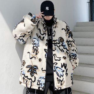 Graffiti Print Fleece Zip-up Jacket