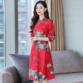 Long-sleeve Mock Neck Floral Print A-line Dress