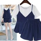 Set: Plain Short Sleeve T-shirt + Camisole Top + Wide Leg Shorts