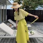Set: Short-sleeve Polka Dot T-shirt + High-waist Plain Skirt