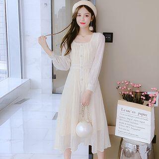 Long-sleeve Square-neck Beaded Chiffon Dress