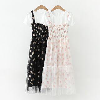 Set: Short-sleeve T-shirt + Sleeveless Mesh Paneled Printed A-line Midi Dress