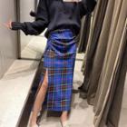 Plaid Shirred Midi Straight Fit Skirt
