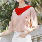 Elbow-sleeve Color Block Heart Embroidered T-shirt