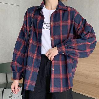 Plaid Puff-sleeve Shirt As Shown In Figure - One Size