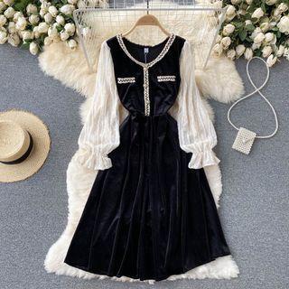 Round-neck Color Block Lace Puff-sleeve Panel Velvet Dress