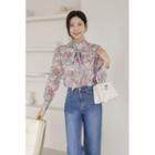 Puff-sleeve Tie-neck Floral Blouse