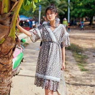 V-neck Floral Drawstring Short-sleeve Dress