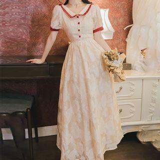 Short-sleeve V-neck Embroidered Midi Dress