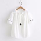 Bird Embroidered Off-shoulder Tassel Chiffon Blouse White - One Size