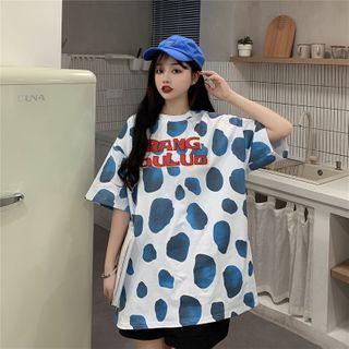 Elbow-sleeve Dotted Lettering Print T-shirt