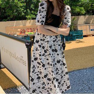 Mock Two-piece Puff-sleeve Floral Print Midi Dress (various Designs)