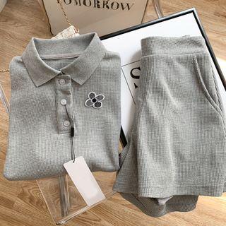 Set: Elbow-sleeve Flower Polo Shirt + Shorts