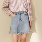 Denim Fray-hem Mini A-line Skirt