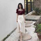 Square-neck Short Sleeve Top / Midi A-line Slit Skirt