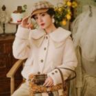 Fleece Button Jacket / Floral Embroidered Wide Leg Pants