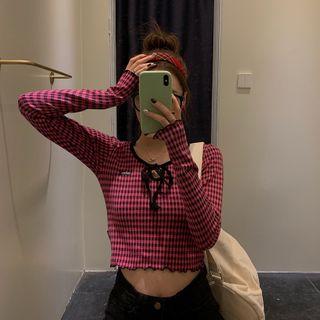 Lace-up Plaid Long-sleeve Crop Top Plaid - Rose Pink - One Size