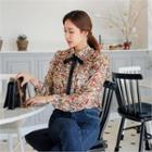 Detachable-ribbon Frill-trim Floral Blouse