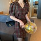 V-neck Puff-sleeve Checked Minidress