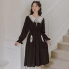 Two-tone Gathered-waist Long Sleeve Dress