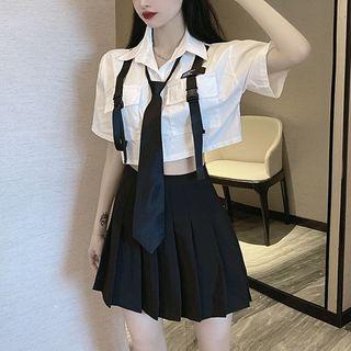 Short-sleeve Buckled Crop Shirt / Neck Tie / Pleated A-line Skirt / Set