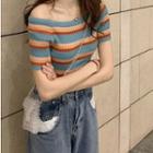 Short-sleeve Off-shoulder Striped Knit Top Rainbow - One Size