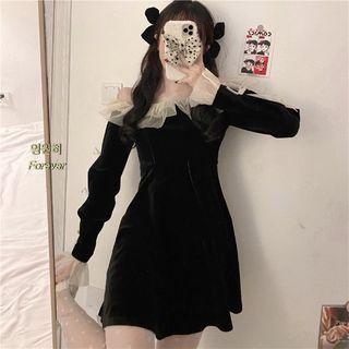Bell-sleeve Off-shoulder Mesh Trim Mini Sheath Dress Black - One Size