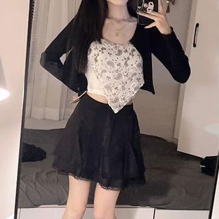 Spaghetti Strap Print Top / Cardigan / Mini A-line Skirt