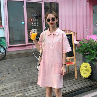 Pocketed Elbow-sleeve Collared Dress