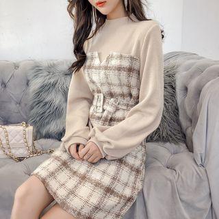 Long-sleeve Plaid Mock Two-piece Dress