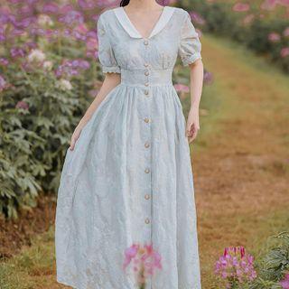 Short-sleeve Contrast Collar V-neck Midi A-line Dress