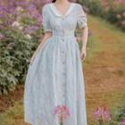 Short-sleeve Contrast Collar V-neck Midi A-line Dress