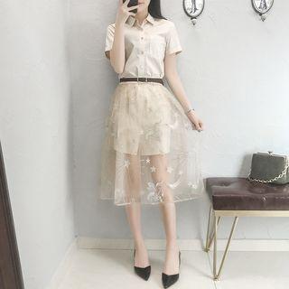 Set: Short-sleeve Shirtdress + Tulle Midi Skirt