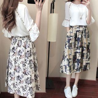Set: Bell-sleeve Chiffon Blouse + Printed Midi Skirt