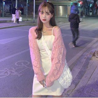 Long-sleeve Knit Shrug / Spaghetti Strap Mini A-line Dress